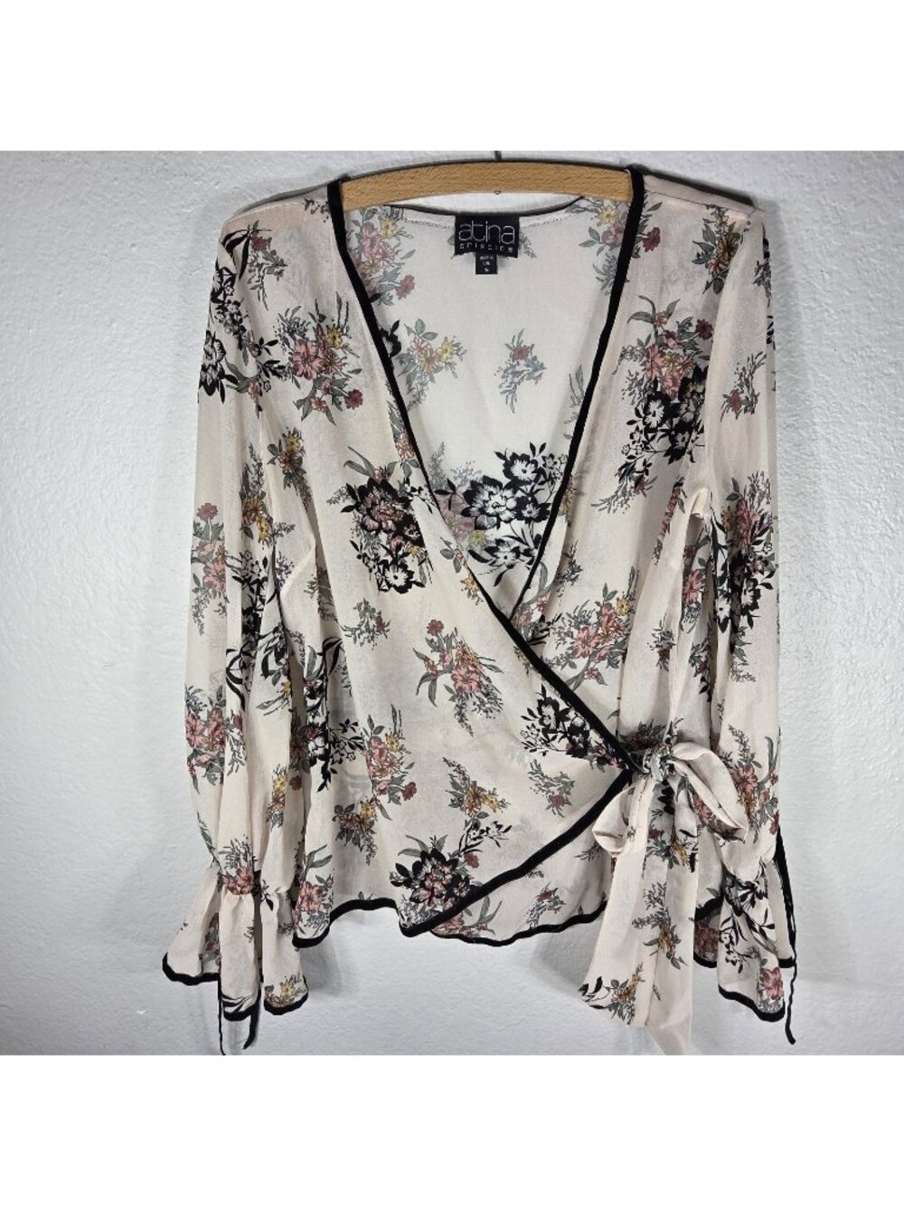 VTG Atina Cristina Cream Floral Sheer Wrap Top Blouse M Long Sleeve Black Trim